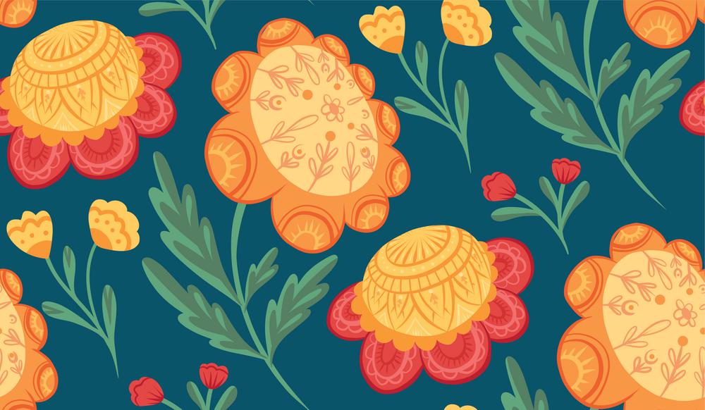 Seamless pattern with naive flowers and stems with folk arts on blue background. Vector texture with sunflowers and poppies with naive ornaments. Botany fabric swatch with floral decoration
