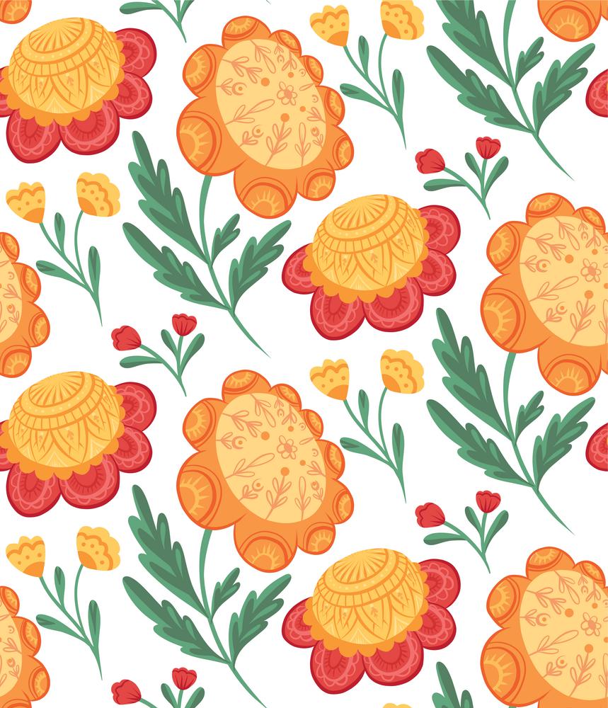 Vector seamless pattern with flowers and flower head with folk arts on white background. Texture with sunflowers and poppies with naive ornaments. Botany fabric swatch with floral decoration