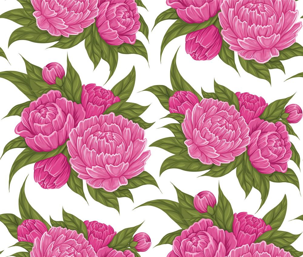 Seamless pattern with cartoon lush peony flowers with foliage on white background for wrapping paper. Vector fabric swatch with floral bush. Botany texture of natural floral bouquet for wallpaper