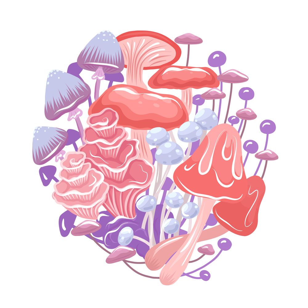 Vector illustration of magic psychedelic mushrooms in bunch. Natural clipart of neon fungus isolated from white background for sticker. Botanical image for cards. Vector illustration of magic psychedelic mushrooms in bunch. Natural clipart of neon fungus isolated from white background for sticker.