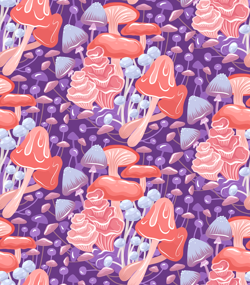 Vector psychedelic seamless pattern with hallucination mushrooms. Trance texture with natural neon fungus on violet background for wallpaper. Magic botanical fabric swatch.. Vector psychedelic seamless pattern with hallucination mushrooms. Trance texture with natural neon fungus on violet background