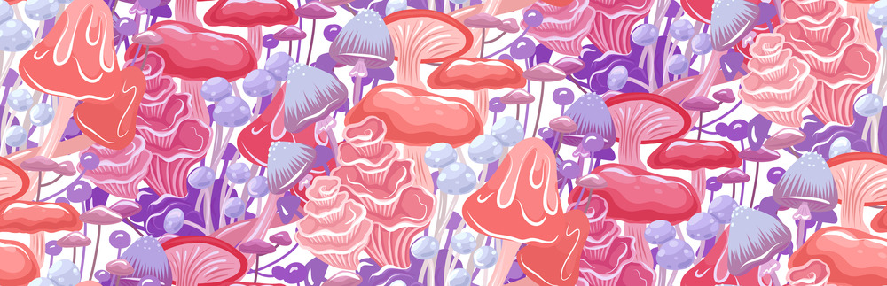 Magic seamless pattern with tight psychedelic mushrooms. Vector texture with tangled natural neon fungus on a white background for wallpaper. Botanical fabric swatch.. Magic seamless pattern with tight psychedelic mushrooms. Vector texture with tangled natural neon fungus on a white background for wallpaper