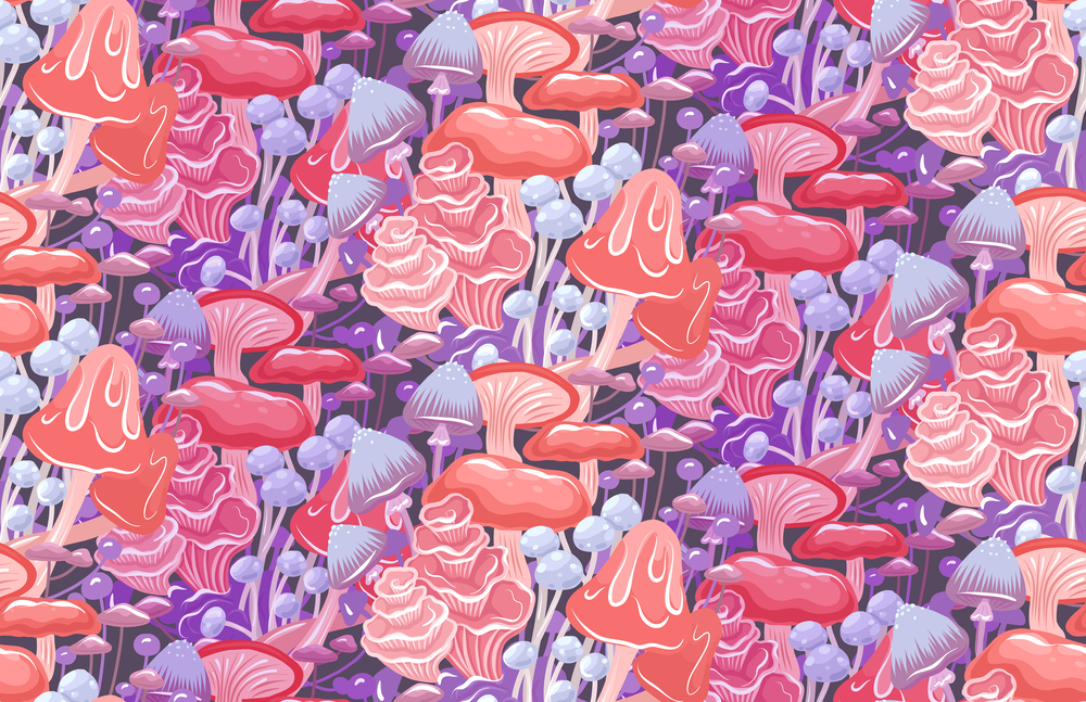 Magic seamless pattern with tight psychedelic mushrooms on dark violet. Vector texture with tangled hallucinogen neon fungus for wallpaper. Botanical fabric swatch with fluorescent poison mushrooms. Magic seamless pattern with tight psychedelic mushrooms on dark violet. Vector texture with tangled hallucinogen neon fungus for wallpaper.