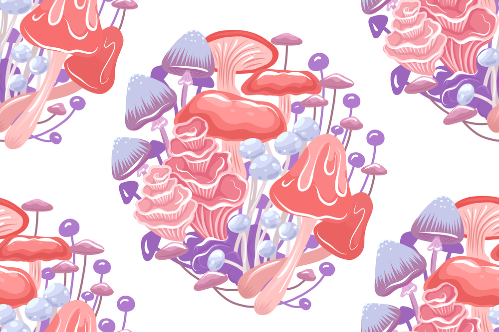 Vector seamless pattern with psychedelic mushrooms in bunch on white background. Magic texture with natural neon fungus on a white background for wallpaper. Botanical fabric swatch with toadstool.. Vector seamless pattern with psychedelic mushrooms in bunch on white background. Magic texture with natural neon fungus