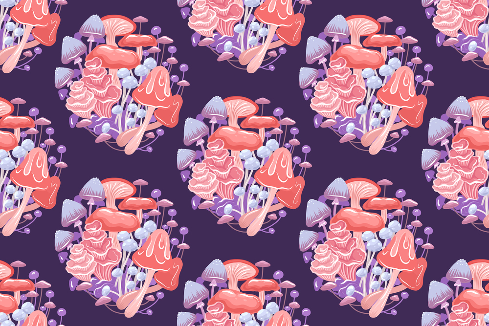 Seamless pattern with psychedelic mushrooms in bunch on violet background. Vector magic texture with natural neon fungus on purple backdrop for wallpaper. Botanical fabric swatch with toadstool.. Seamless pattern with psychedelic mushrooms in bunch on violet background. Vector magic texture with natural neon fungus