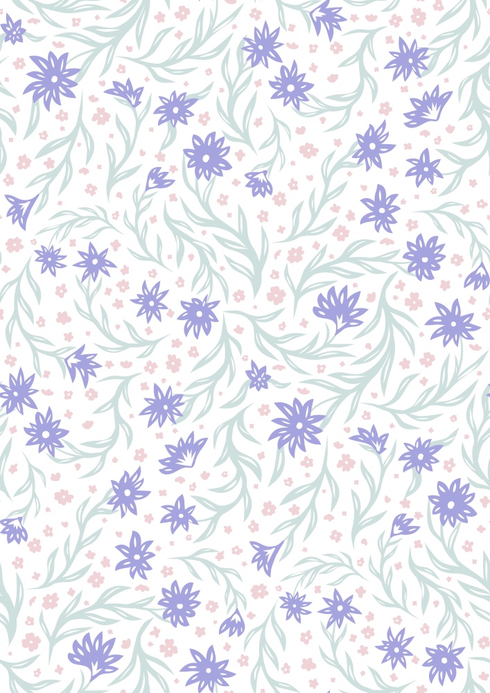 Vector seamless pattern with delicate small purple and pink flowers on stems on a white background. Natural texture with Ditsy for fabrics. Wallpaper with gentle floral ornament.. Vector seamless pattern with delicate small purple and pink flowers on stems on a white background. Natural texture with Ditsy for fabrics.