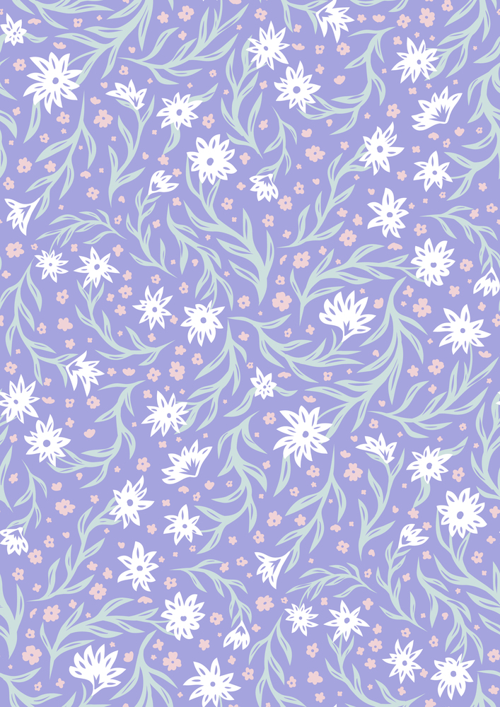 Seamless gentle pattern with delicate small white and pink flowers on stems on a lilac background. Vector natural texture with Ditsy for fabrics. Wallpaper with tender floral ornament for nursery. Seamless gentle pattern with delicate small white and pink flowers on stems on a lilac background. Vector natural texture with Ditsy for fabrics.