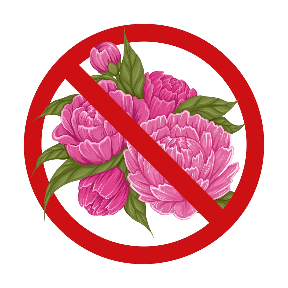Vector lush bush with peonies in the forbidden sign. Allergy danger. Icon prohibition to pluck flowers isolated from the background. Rare flowers.. Vector lush bush with peonies in the forbidden sign. Allergy danger. Icon prohibition