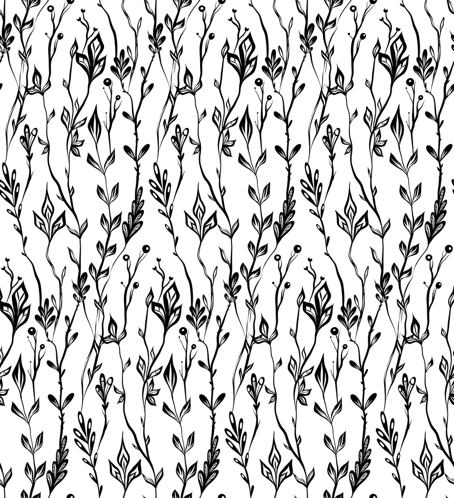 Monochrome vector pattern with interlacing branches, herbs and stems. Botanical texture with black and white natural silhouettes for fabrics. Monochrome vector pattern with interlacing branches, herbs and stems. Botanical texture with black and white natural silhouettes