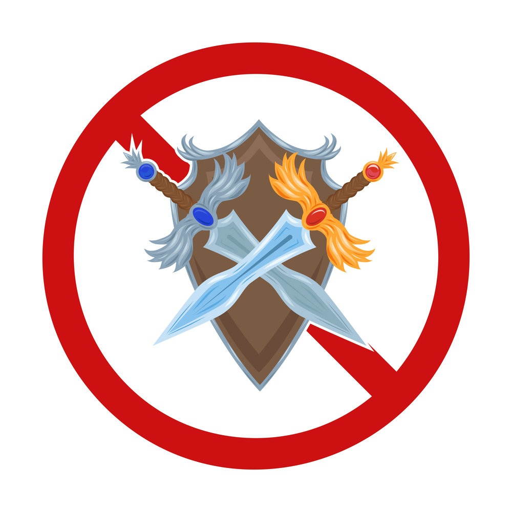 Vector cartoon medieval crossed swords and shield in a red forbidden sign. The danger of war. Prohibition of violence and battle. Ban sign for stickers and icons. Vector cartoon medieval crossed swords and shield in a red forbidden sign. The danger of war. Prohibition of violence and battle. Ban