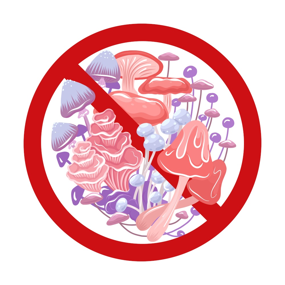 Vector psychedelic mushrooms in the forbidden sign. Allergy and hallucination danger. Icon prohibition to pluck toadstool isolated from the background. Cartoon neon mushroom on ban. Vector psychedelic mushrooms in the forbidden sign. Allergy and hallucination danger. Icon prohibition to pluck toadstool