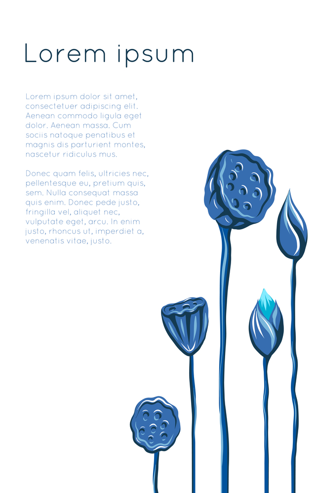 Vector card with blue lotuses and stems and copy space. Botanical banner with buds and flowers on a white background. Template with water lilies and seed pods on thin vertical stalk and place for text. Vector card with blue lotuses and stems and copy space. Botanical banner with buds and flowers on a white background. Template with water lilies