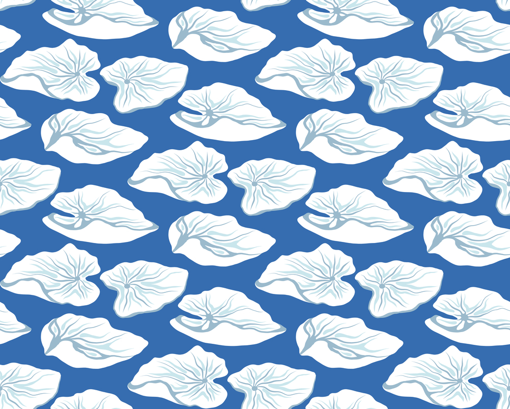 Seamless vector pattern with white silhouette of lotuses foliage on blue water background. Botanical texture with hand drawn leaves. Fabric swatch with water lilies leafage. Seamless vector pattern with white silhouette of lotuses foliage on blue water background. Botanical texture with hand drawn leaves.