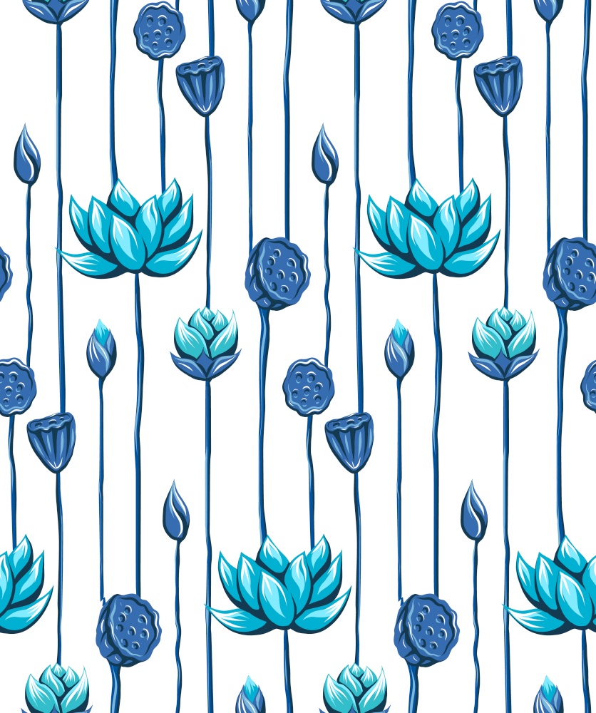 Seamless vector pattern with blue lotuses and stems. Botanical texture with buds and flowers on a white background. Fabric swatch with water lilies and seed pods on thin vertical stalk. Seamless vector pattern with blue lotuses and stems. Botanical texture with buds and flowers on a white background. Fabric swatch