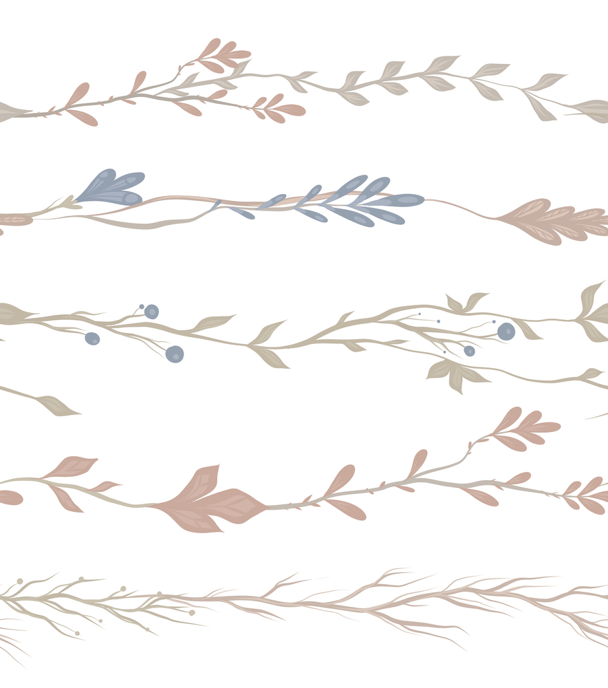 Vector set of seamless herb borders. Brush set of twigs and flowers isolated from the background. Natural elements for frames in gentle pastel colors.. Vector set of seamless herb borders. Brush set of twigs and flowers isolated from the background. Natural elements