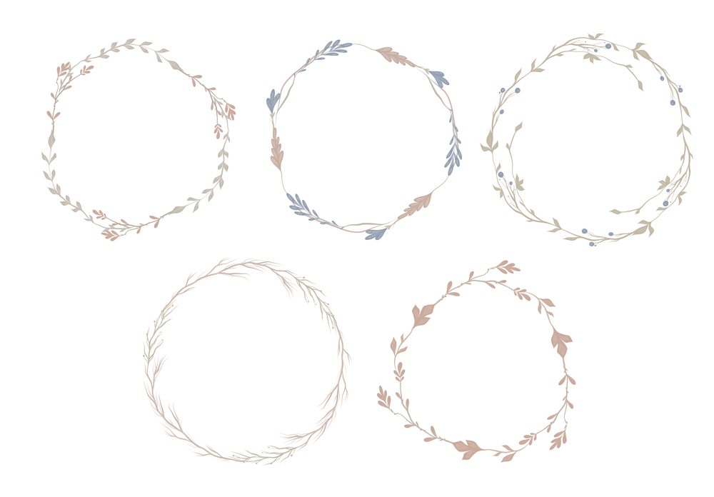 Vector set of circle herb borders. Round frame collection of twigs and flowers isolated from the background. Natural design elements for invitations and cards in gentle pastel colors.. Vector set of circle herb borders. Round frame collection of twigs and flowers isolated from the background. Natural design elements