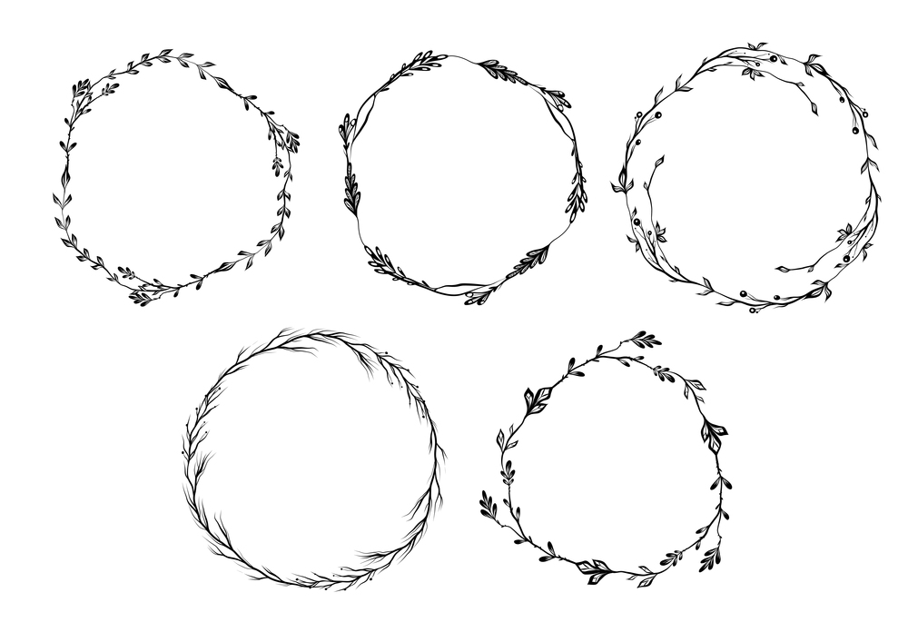 Vector set of black silhouette of circle herb borders. Round monochrome frame collection of twigs and flowers isolated from the background. Natural design elements for invitations and cards. Vector set of black silhouette of circle herb borders. Round monochrome frame collection of twigs and flowers