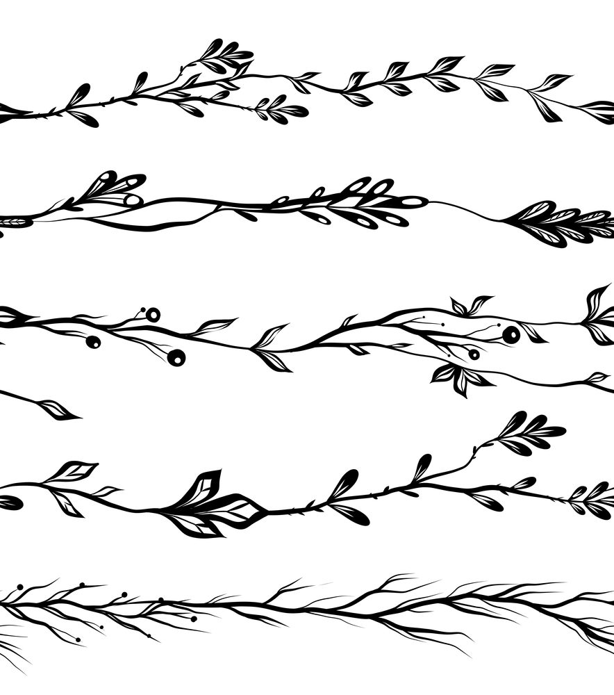 Vector set of monochrome seamless herb borders. Brush set of black silhouette twigs and flowers isolated from the background. Natural elements for frames and borders. Vector set of monochrome seamless herb borders. Brush set of black silhouette twigs and flowers isolated from the background.