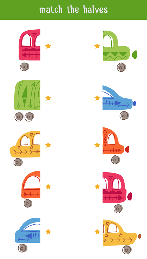 Match the halves. Children educational game. Find right half for cars. Vector worksheet template for preschool lessons. Cartoon naive vans and transport with tribal decorations.. Match the halves. Children educational game. Find right half for cars. Vector worksheet template for preschool lessons.