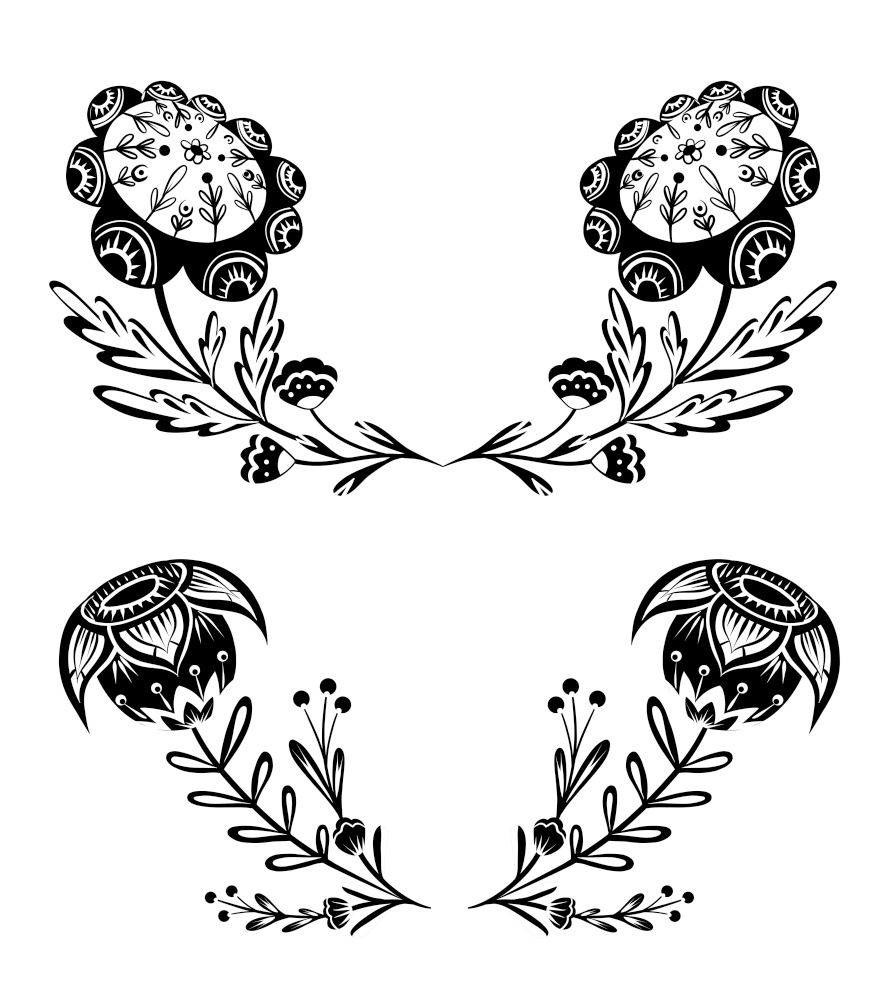 Vector set monochrome clipart frames with flowers and foliage with folk ornaments. Collection of black silhouettes rustic templates with floral arrangement with ornaments. Natural borders. Vector set monochrome clipart frames with flowers and foliage with folk ornaments. Collection of black silhouettes rustic templates