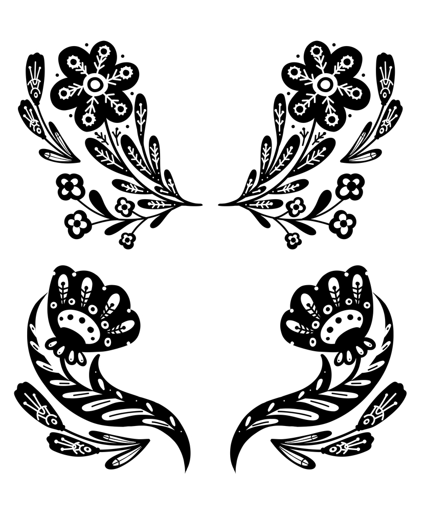 Set of vector monochrome clipart frames with flowers on stems with folk ornaments. Kit of rustic templates with black floral arrangement with naive ornaments. Natural borders with national decoration. Set of vector monochrome clipart frames with flowers on stems with folk ornaments. Kit of rustic templates with black floral arrangement