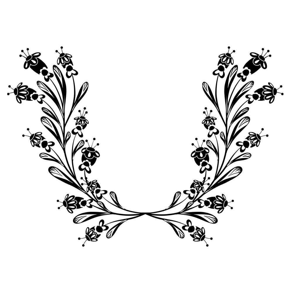 Vector monochrome clipart frame with small flowers on stems with folk ornaments. Template with black floral arrangement with naive ornaments. Natural border with national decoration. Vector monochrome clipart frame with small flowers on stems with folk ornaments. Template with black floral arrangement with naive ornaments.