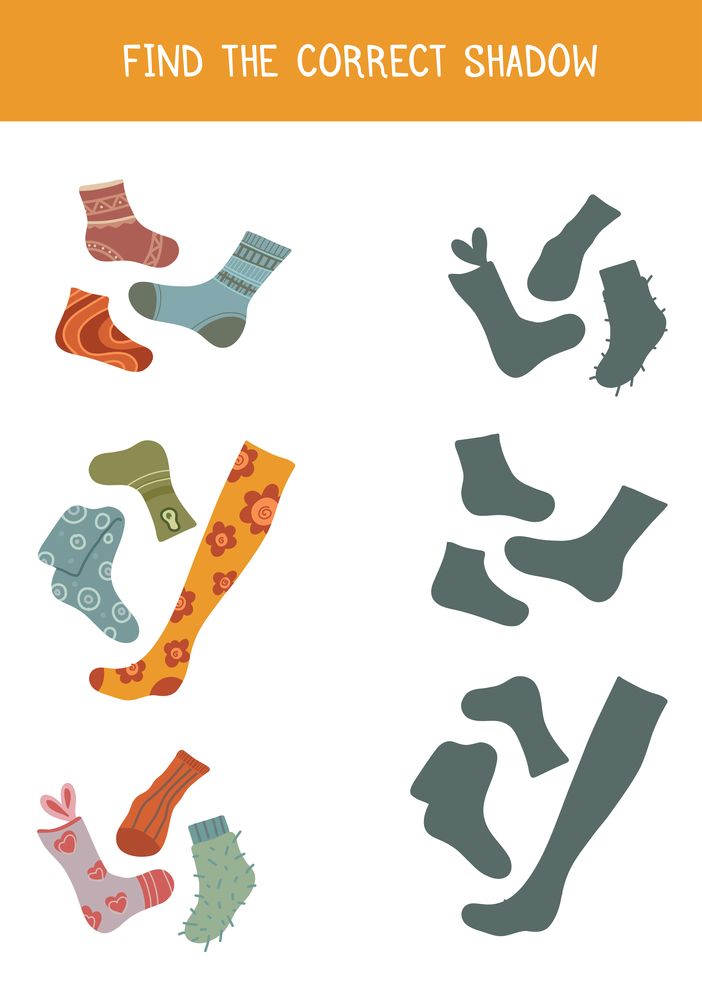 Find the correct shadow. Vector children educational game. Various cartoon socks and stockings. Find right gray silhouette for clothes. Vertical template of worksheet for preschool lessons.. Find the correct shadow. Vector children educational game. Various cartoon socks and stockings. Find right gray silhouette for clothes.