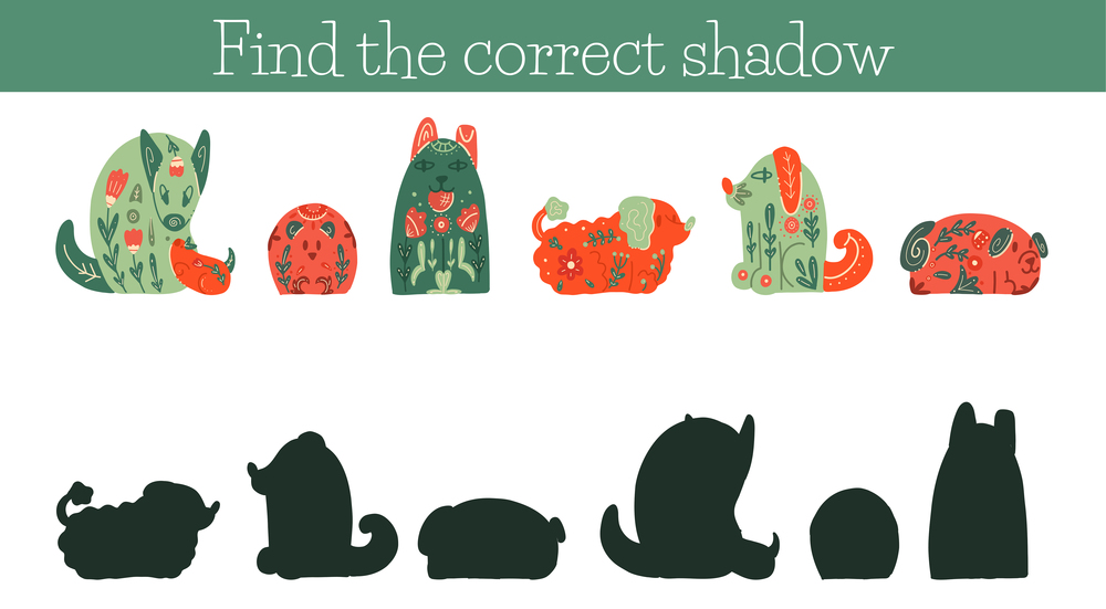 Vector template of worksheet for preschool lessons. Find the correct shadow for animals with naive decorations. Children educational game. Find right black silhouette for dogs with folk art ornaments. Vector template of worksheet for preschool lessons. Find the correct shadow for animals with naive decorations. Children educational game