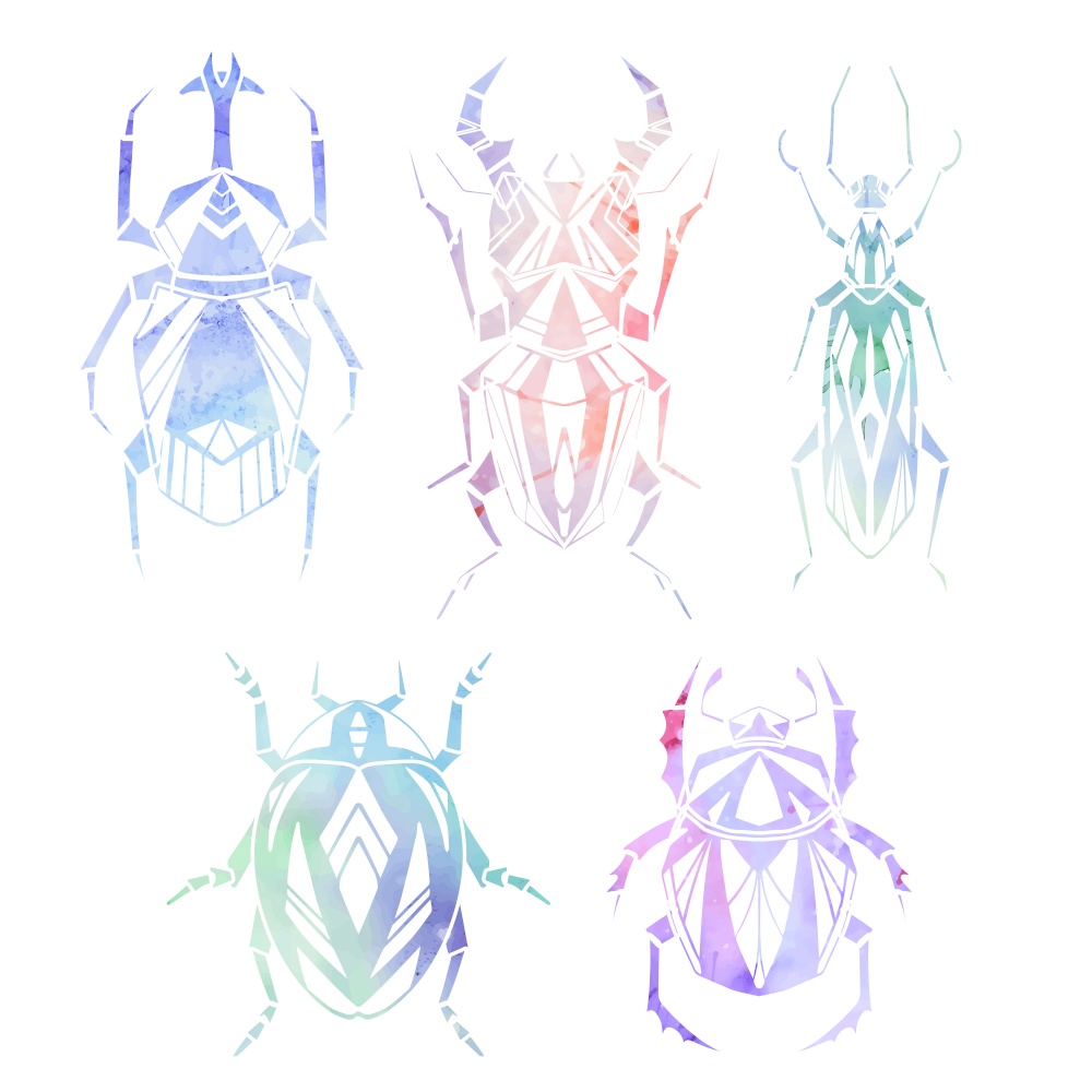 Vector set of geometric insects with poly decorations and watercolor background. Geometric stag beetle and flying ant in gentle colors. Stylish ladybug and bed bug in flat hand drawn style. Vector set of geometric insects with poly decorations and watercolor background. Geometric stag beetle and flying ant in gentle colors.