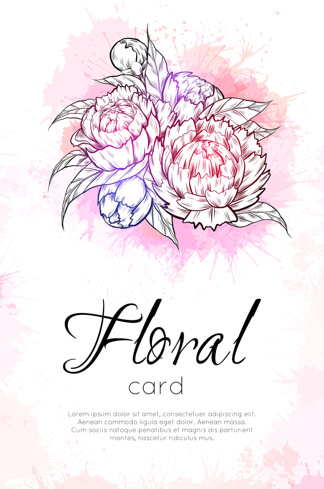 Vector vertical card with contour peony flowers with pink watercolor splashes and copy space. Invitation with natural floral bouquet with sprays and place for text. Template for banner. Vector vertical card with contour peony flowers with pink watercolor splashes and copy space. Invitation with natural floral bouquet