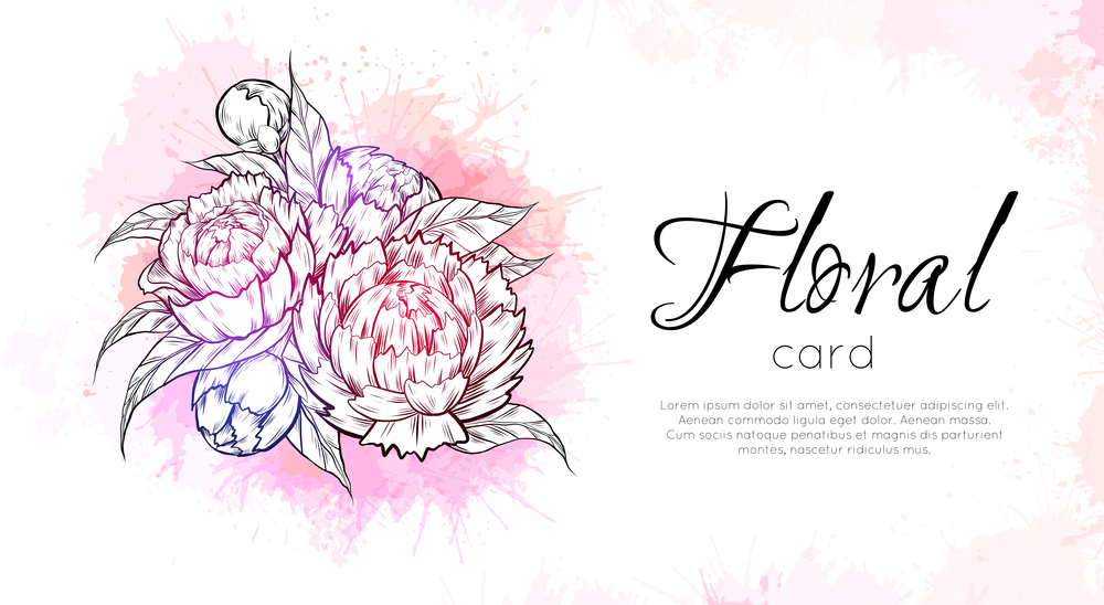 Vector horizontal card with sketch peony flowers with pink watercolor splashes and copy space. Invitation with contour natural floral bouquet with sprays and place for text. Template for banner. Vector horizontal card with sketch peony flowers with pink watercolor splashes and copy space. Invitation with contour natural floral bouquet