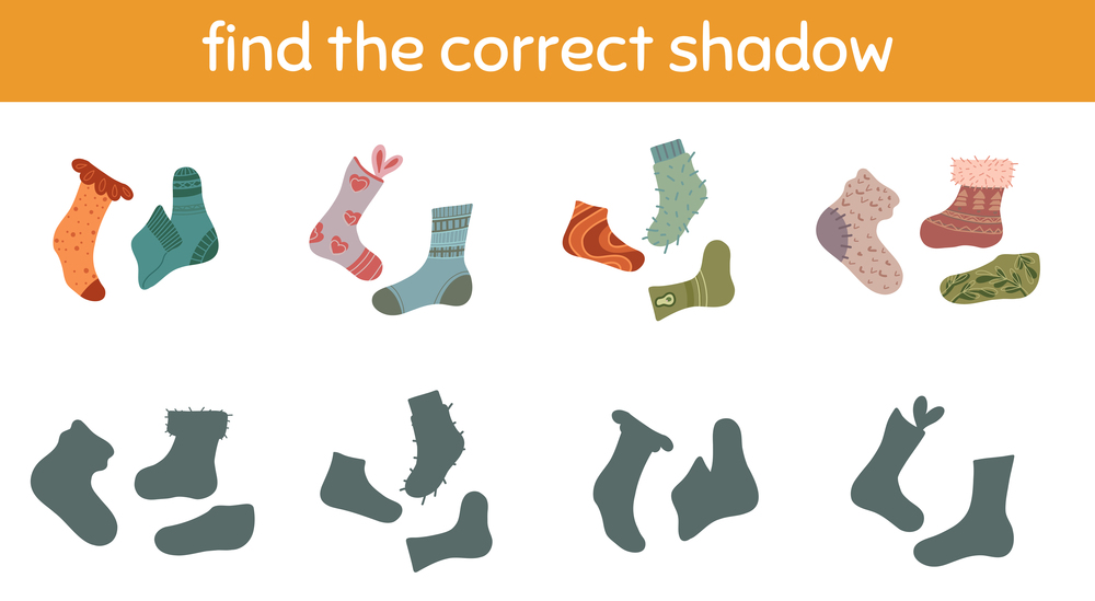Vector children educational game. Find the correct shadow. Various cartoon socks. Find right black silhouette for clothes. Template of worksheet for preschool lessons.. Vector children educational game. Find the correct shadow. Various cartoon socks. Find right black silhouette for clothes.