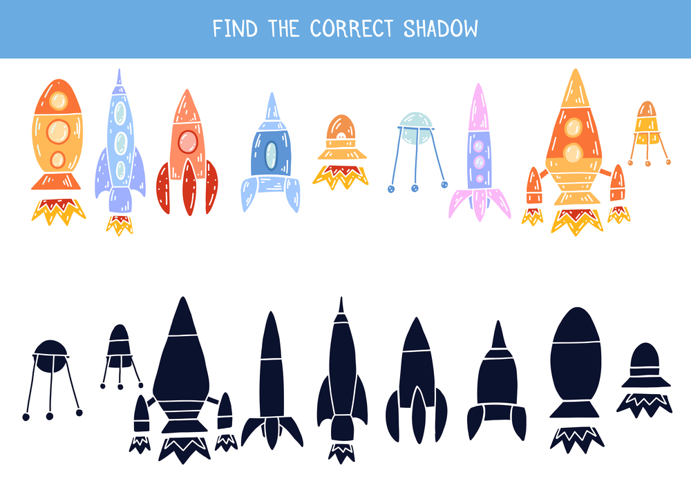 Find the correct shadow. Childrens educational fun. Find right black silhouette for rockets. Cartoon spacecraft, satellite and spaceship. Vector template for preschool games.. Find the correct shadow. Childrens educational fun. Find right black silhouette for rockets. Cartoon spacecraft, satellite
