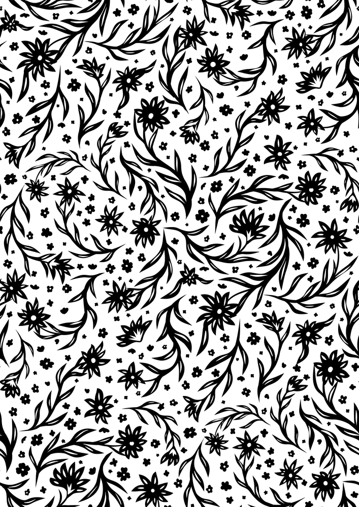 Vector monochrome seamless pattern with small black flowers on stems on a white background. Natural texture with Ditsy for fabrics. Wallpaper with silhouette of floral ornament.. Vector monochrome seamless pattern with small black flowers on stems on a white background. Natural texture with Ditsy for fabrics.