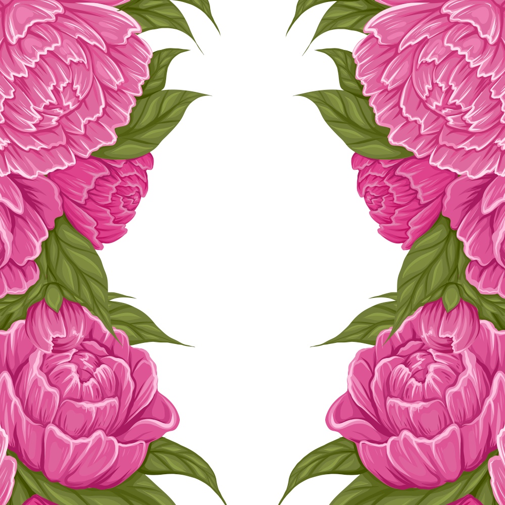 Square card with symmetry lush cartoon peony flowers with foliage and copy space. Vector natural border with floral bouquet and place for text. Template for invitations and banner. Square card with symmetry lush cartoon peony flowers with foliage and copy space. Vector natural border with floral bouquet