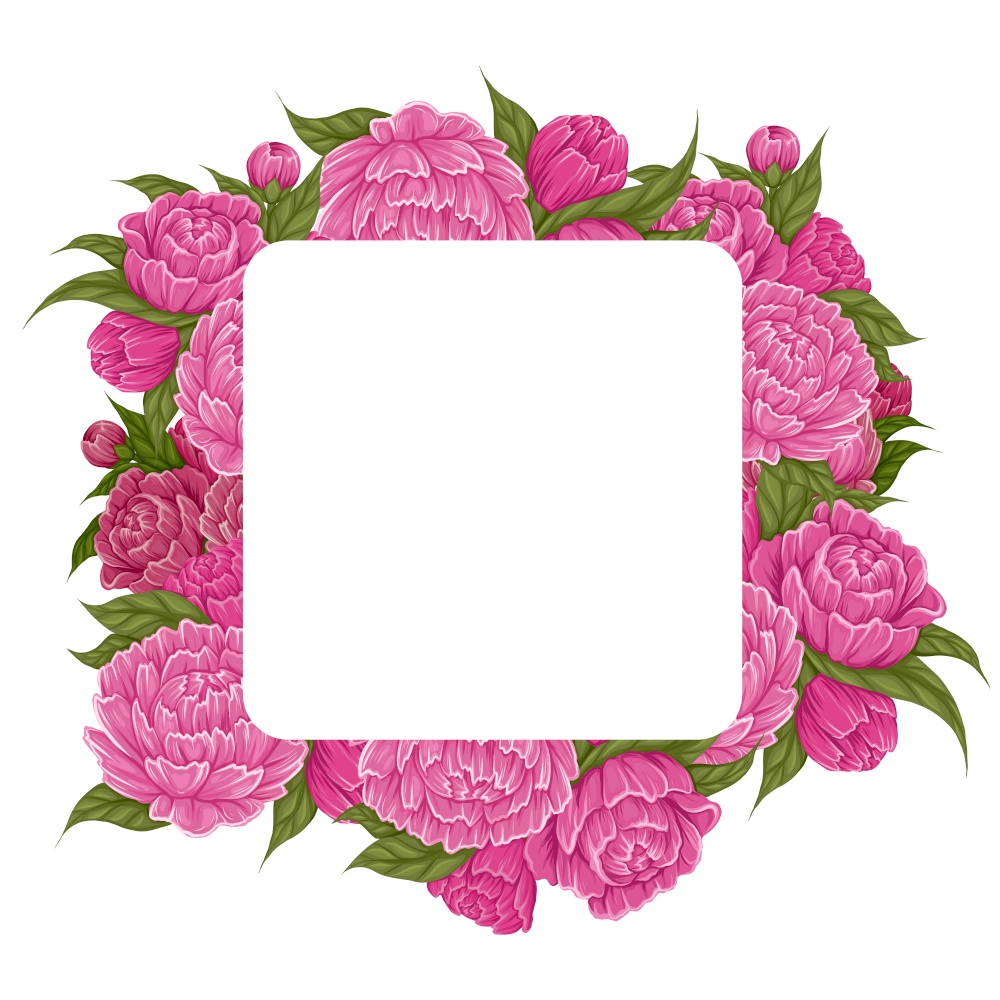 Vector square frame with lush cartoon peony flowers with foliage and copy space. Natural border with floral bouquet and place for text. Template for invitations and banner. Vector square frame with lush cartoon peony flowers with foliage and copy space. Natural border with floral bouquet and place for text.