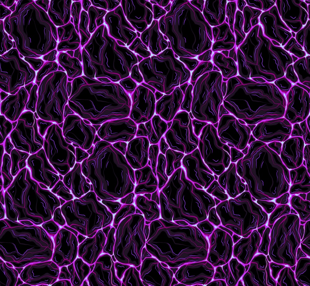 Vector eamless neon pattern of violet flowing water with stones. Plasma from molten rock. Cyber eruption with Earthquake. Disaster. Texture for fabrics, wrapping paper and wallpaper. Vector eamless neon pattern of violet flowing water with stones. Plasma from molten rock. Cyber eruption with Earthquake.