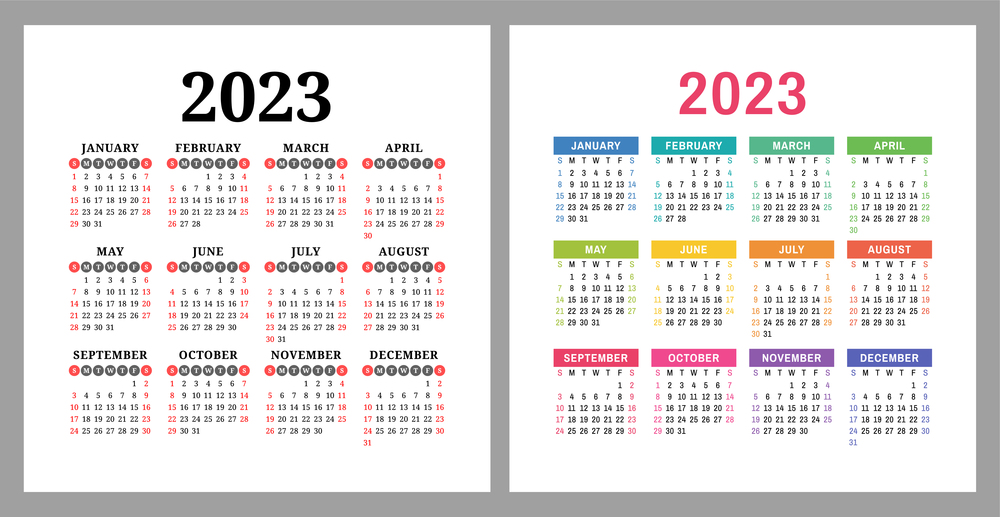 Calendar 2023. Square vector calender design template. English colorful set. Week starts on Sunday. New year. January, February, March, April, May, June, July, August, September, October, November, December?. Calendar 2023. Square vector calender design template. English colorful set. Week starts on Sunday. New year. January, February, March, April, May, June, July, August, September, October, November, December