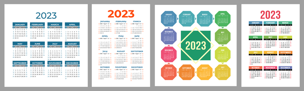 Calendar 2023 year set. Vector template collection. Ready design. Week starts on Sunday. January, February, March, April, May, June, July, August, September, October, November, December.. Calendar 2023 year set. Vector template collection. Ready design. Week starts on Sunday. January, February, March, April, May, June, July, August, September, October, November, December