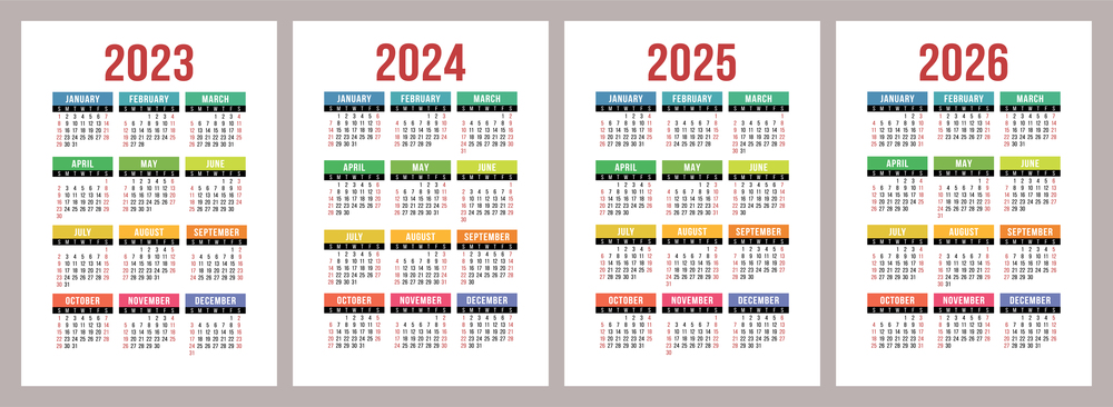 Colorful calendar 2023, 2024, 2025 and 2026. Color vector pocket calender design. Week starts on Sunday. January, February, March, April, May, June, July, August, September, October, November, December.. Colorful calendar 2023, 2024, 2025 and 2026. Color vector pocket calender design. Week starts on Sunday. January, February, March, April, May, June, July, August, September, October, November, December