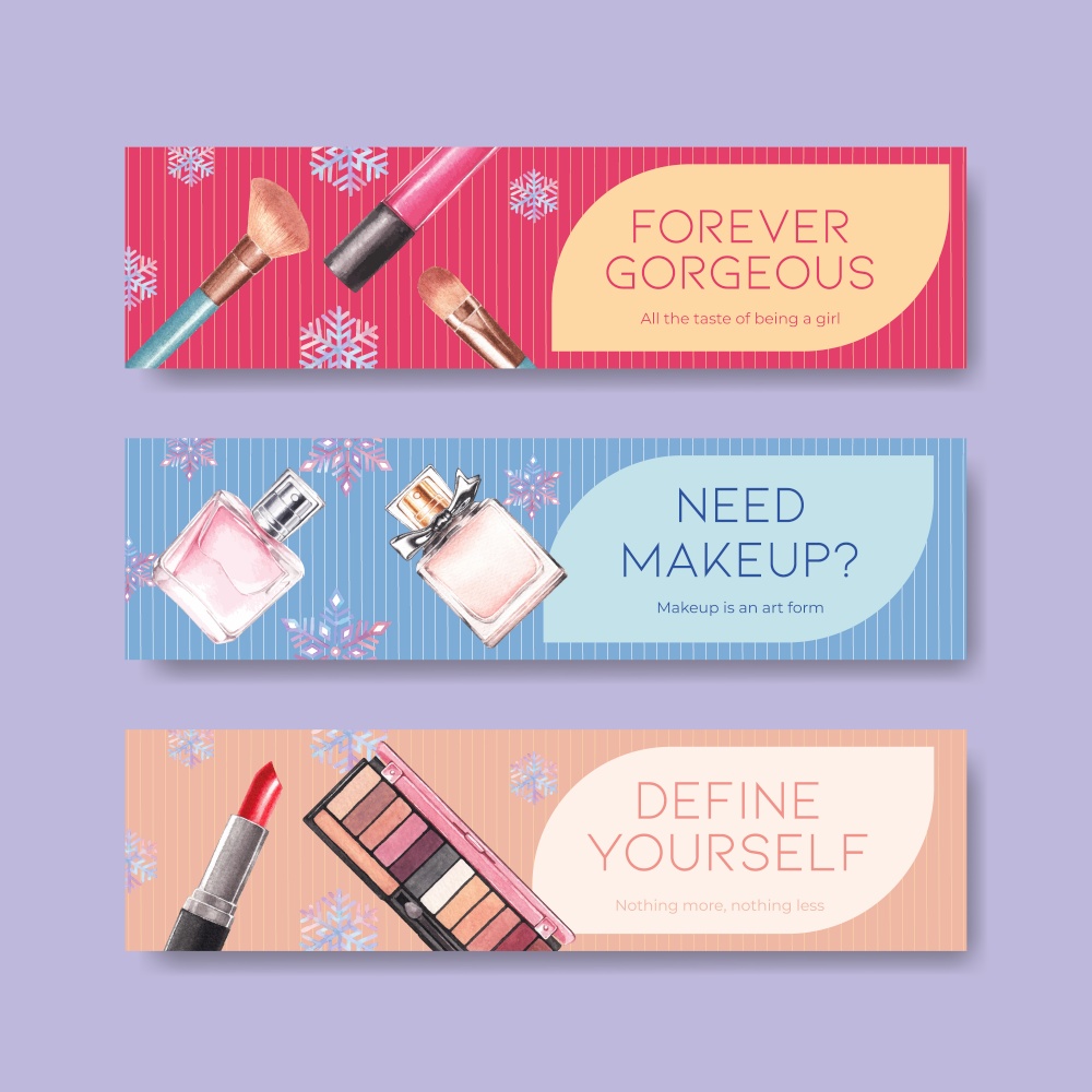 Banner template with makeup concept design for advertise and marketing watercolor vector illustration.