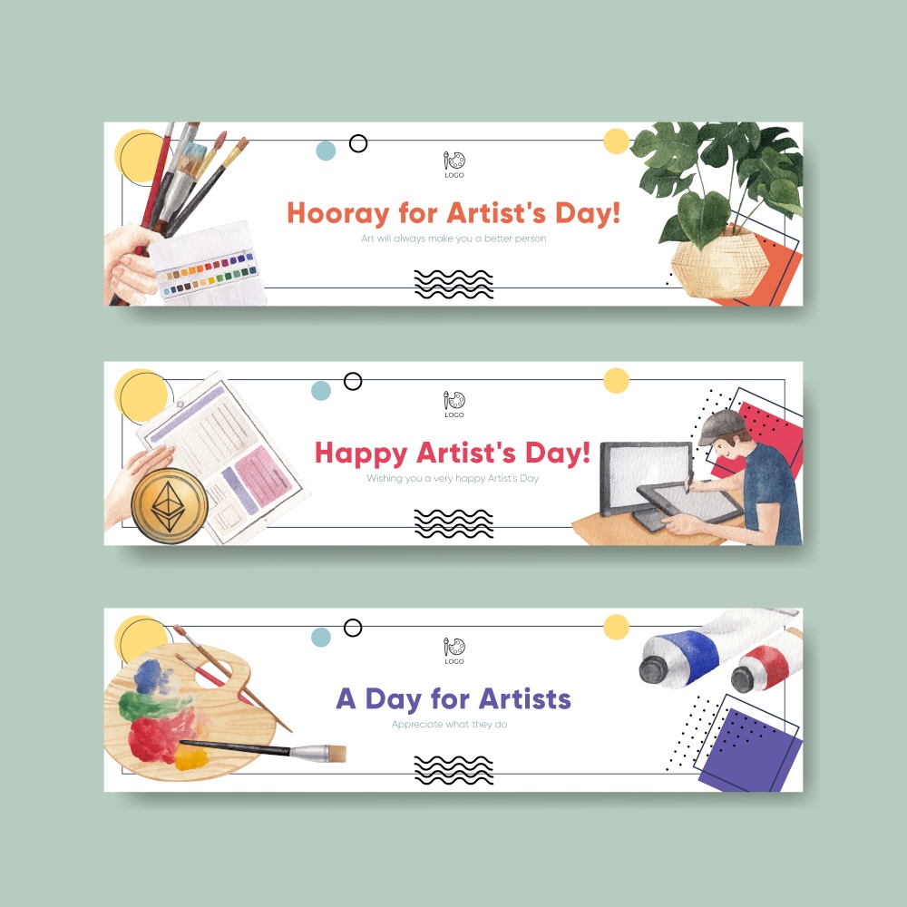 Banner template with international artists day concept,watercolor style