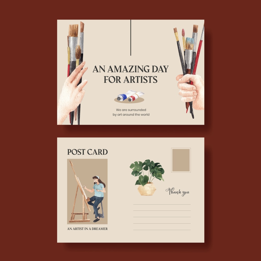 Postcard template with international artists day concept,watercolor style