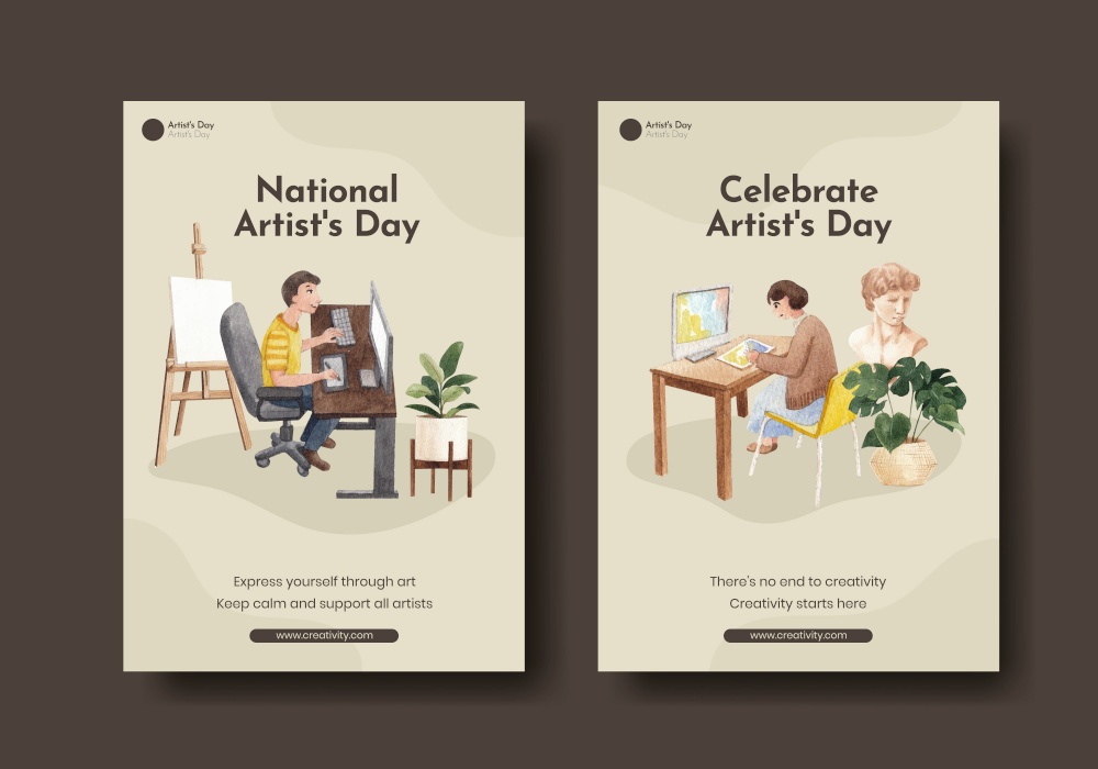 Poster template with international artists day concept,watercolor style