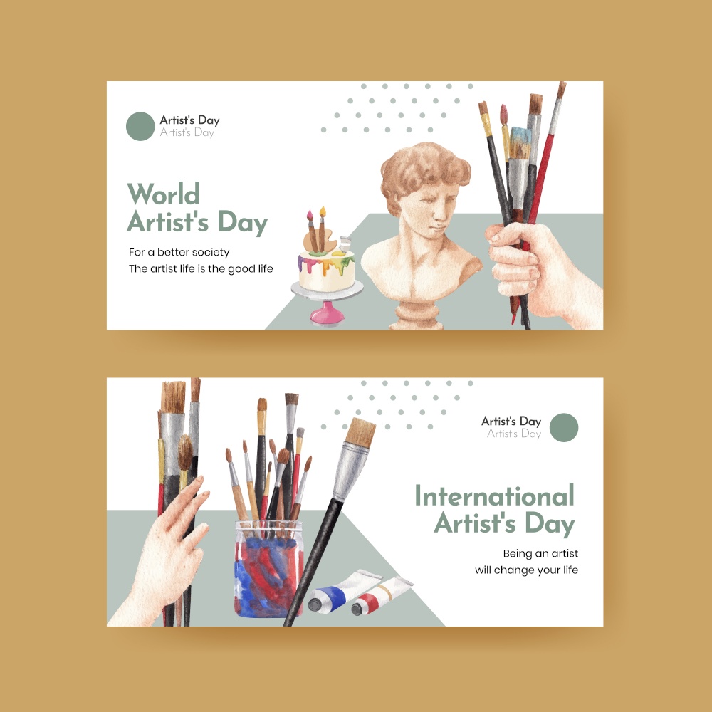 Twitter template with international artists day concept,watercolor style