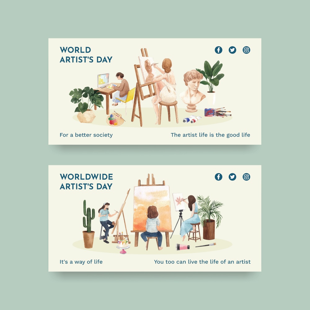 Twitter template with international artists day concept,watercolor style