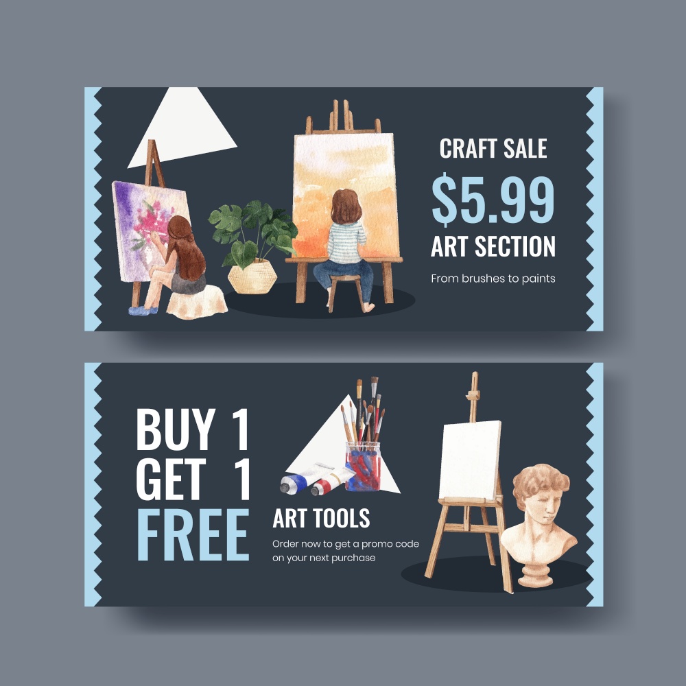 Voucher template with international artists day concept,watercolor style