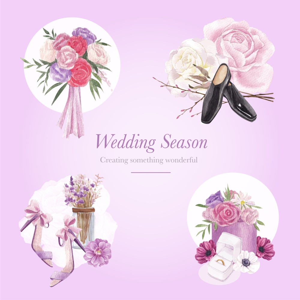 Bouquet with lilac violet wedding concept,watercolor style