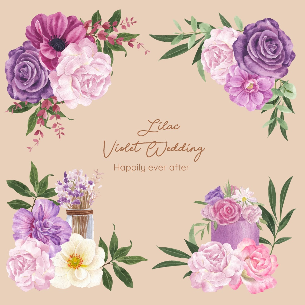 Bouquet with lilac violet wedding concept,watercolor style