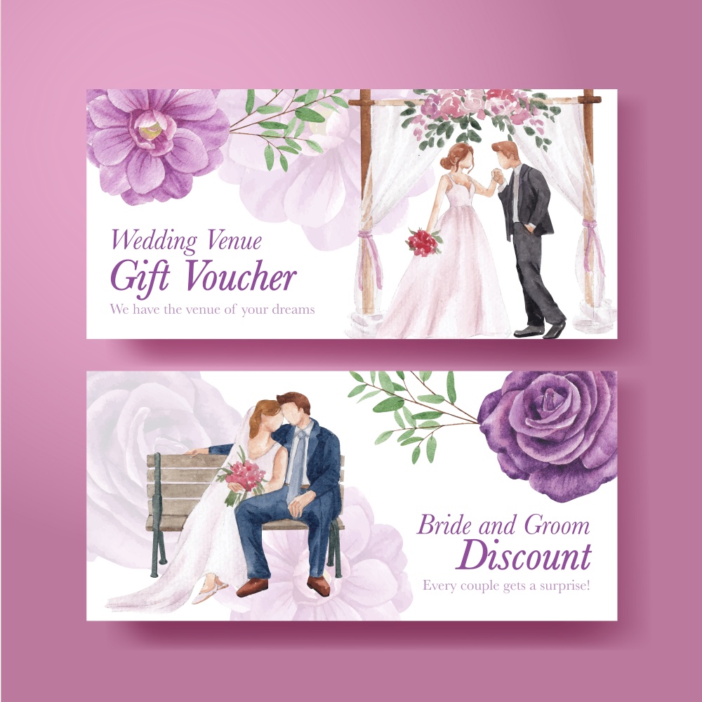 Voucher template with lilac violet wedding concept,watercolor style